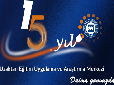 Marmara UZEM'in 15. Yılı Kutlu Olsun.yazısını ve logosunu içeren görsel